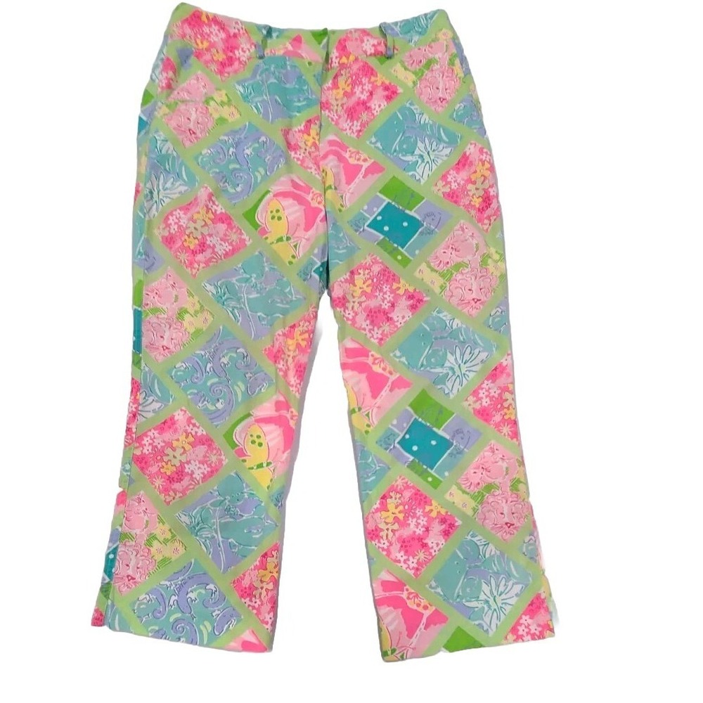 Vintage White Label Lilly Pulitzer Cropped Pants Sz 8 Floral Fish Pattern